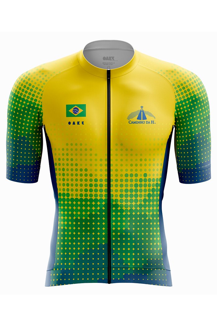 camisa de ciclismo modelo pro parte frontal com estampa dots com as cores do brasil, também possui mapa e logo caminho da fé