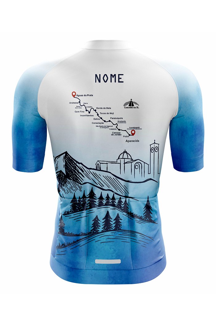 camisa para ciclistas com tema caminho da fé pelos caminhos da fé, parte traseria com estampa em azul
