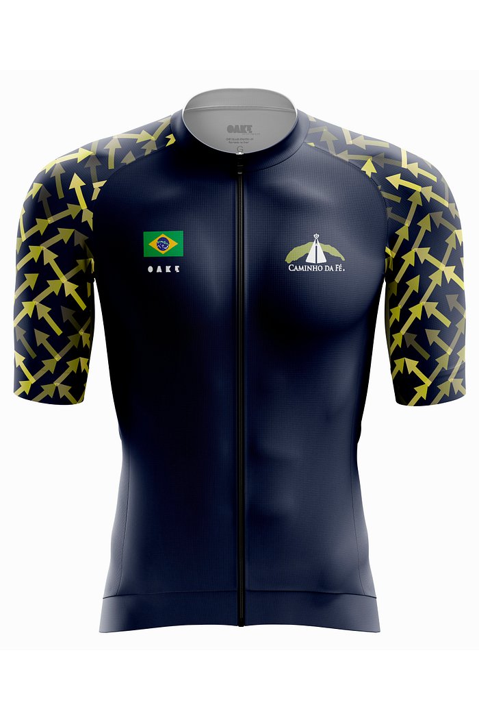 camisa de ciclismo frontal com tema brasil setas amarelas caminho da fé