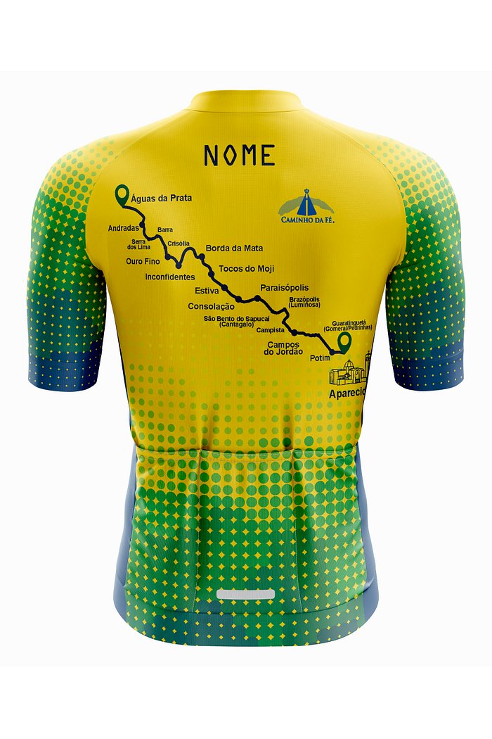 camisa de ciclismo modelo pro parte traseira com estampa dots com as cores do brasil, também possui mapa e logo caminho da fé