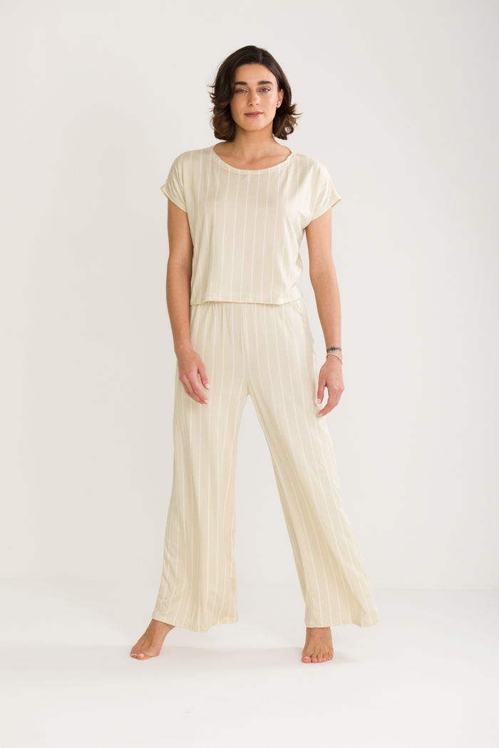 CONJUNTO FEMININO BLUSA AMPLA E CALÇA WIDE LISTRA CREME