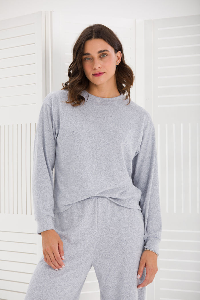 CONJUNTO FEMININO MALHA TRICOT BLUSA AMPLA E CALÇA WIDE AZUL MESCLADO