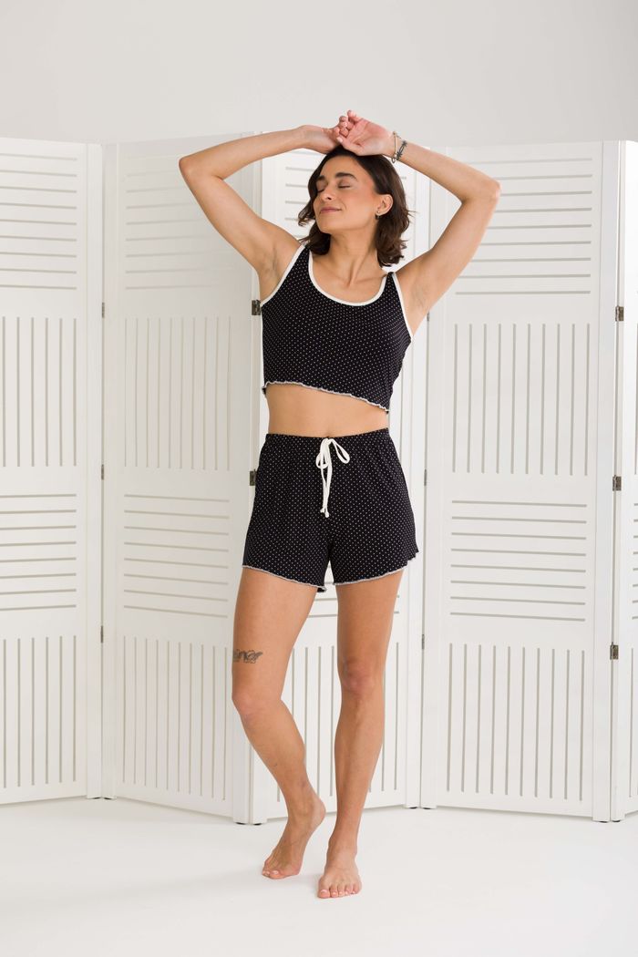 PIJAMA FEMININO CROPPED COM SHORTS POÁ PRETO