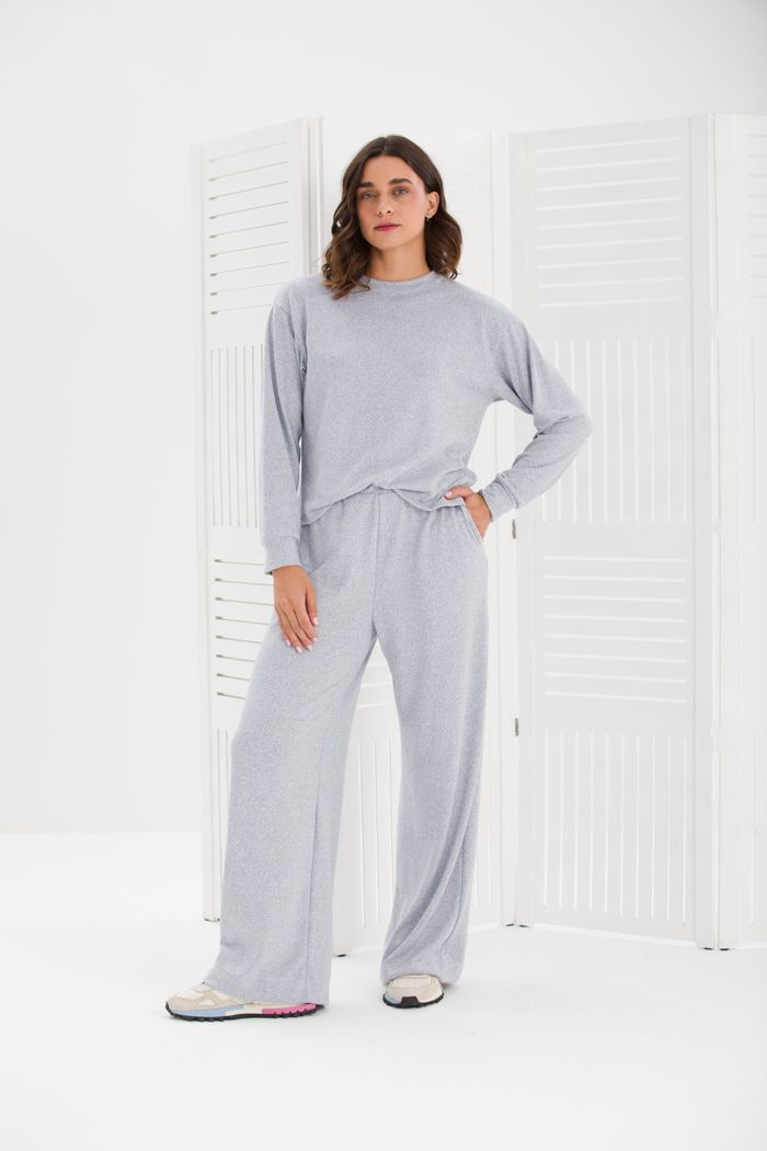 CONJUNTO FEMININO MALHA TRICOT BLUSA AMPLA E CALÇA WIDE AZUL MESCLADO