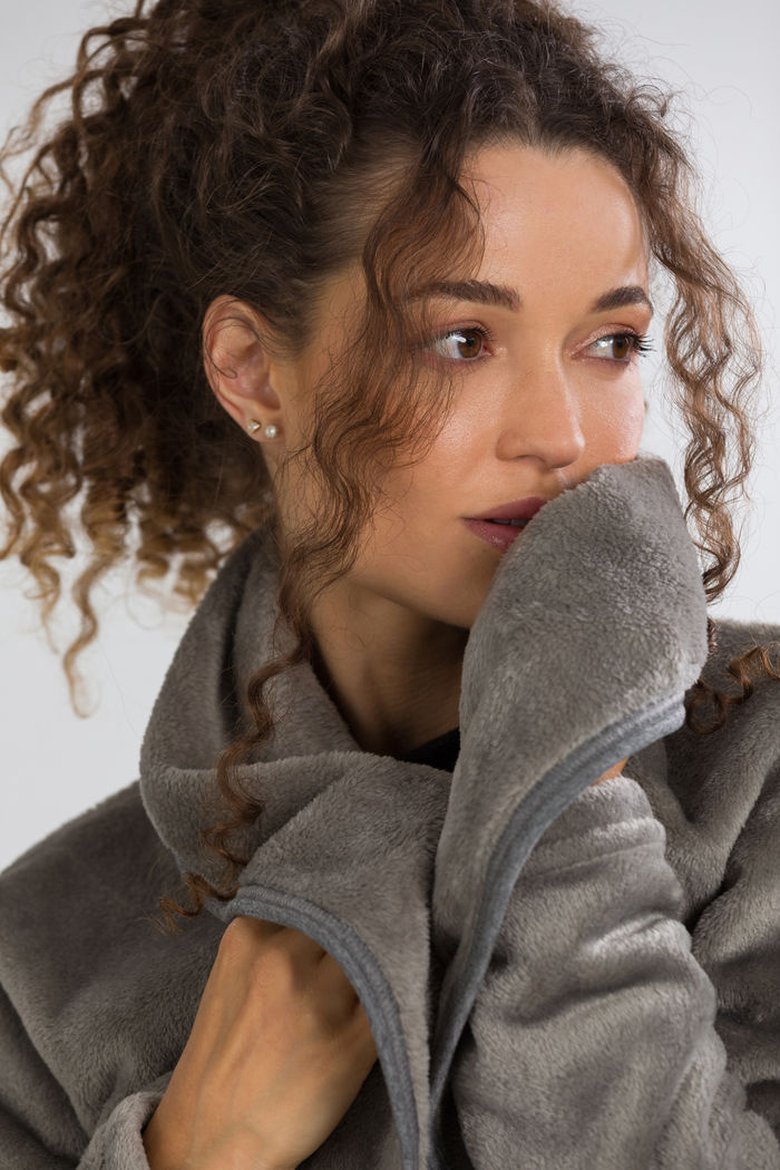 CASACO FEMININO LONGO FLEECE CINZA