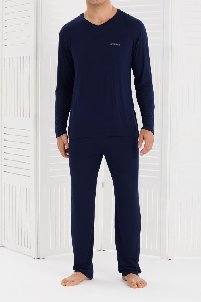 PIJAMA MASCULINO MANGA LONGA DECOTE V MARINHO