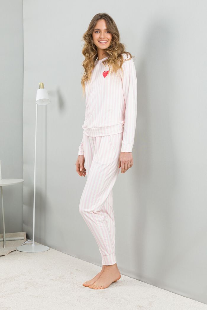 PIJAMA FEMININO MANGA LONGA LISTRA TOQUE DE PÊSSEGO COM PELÚCIA