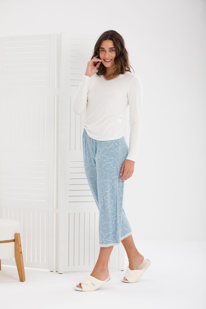 PIJAMA FEMININO MANGA LONGA DECOTE V COM RENDA CALÇA MIDI