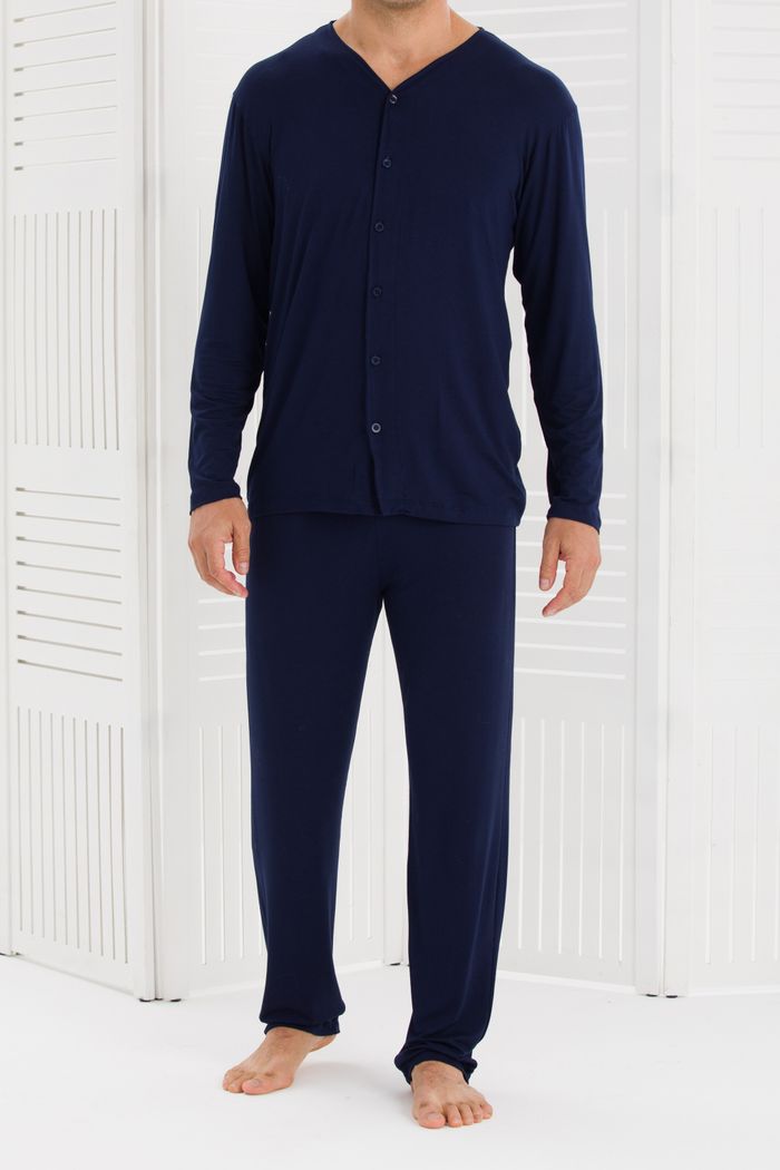 PIJAMA MASCULINO MANGA LONGA ABERTURA FRONTAL SEM GOLA MARINHO