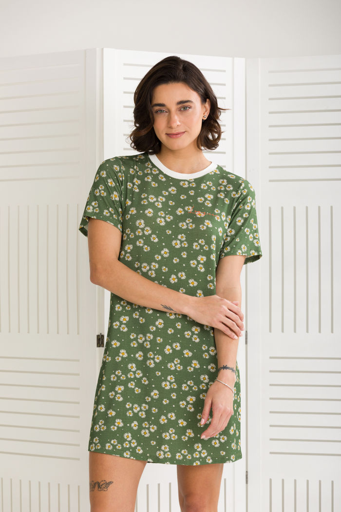 CAMISETÃO FEMININO VERDE MARGARIDAS