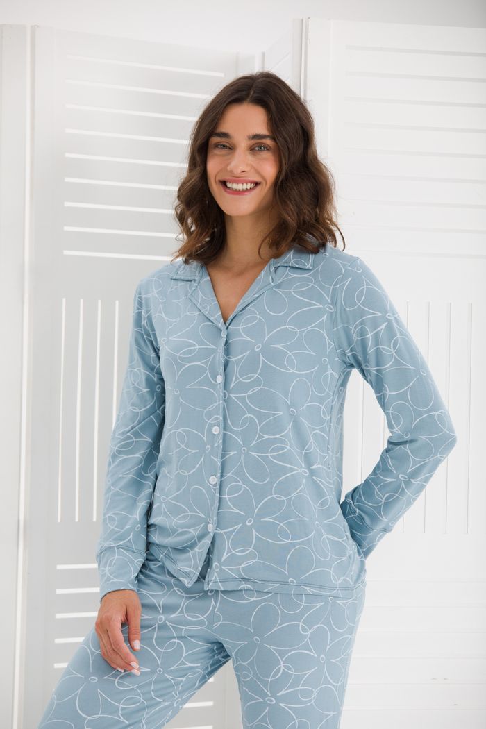 PIJAMA FEMININO MANGA LONGA AMERICANO FLOWERS AZUL