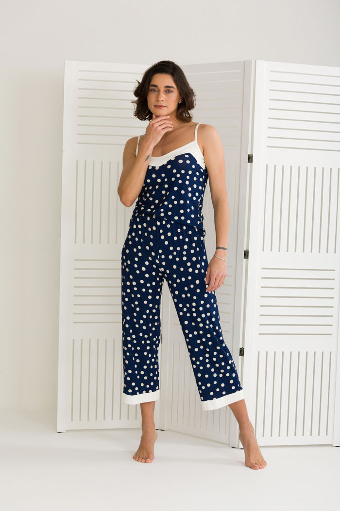 PIJAMA FEMININO DE ALÇAS COM CALÇA MIDI POÁ MARINHO