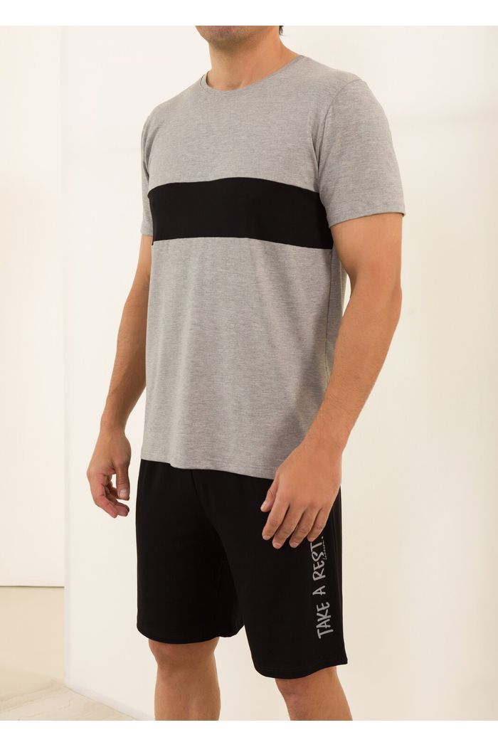 PIJAMA MASCULINO MANGA CURTA MESCLA COM RECORTE FRONTAL