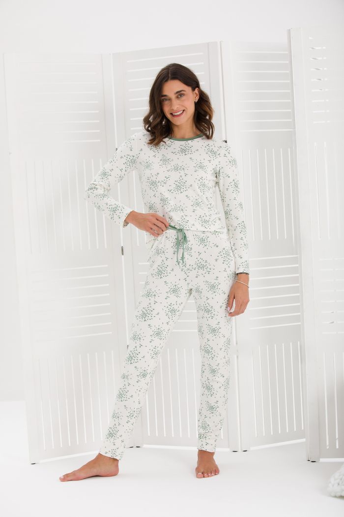PIJAMA FEMININO MANGA LONGA FLORAL COM PUNHO