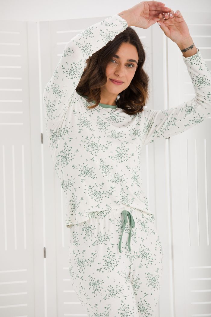 PIJAMA FEMININO MANGA LONGA FLORAL COM PUNHO