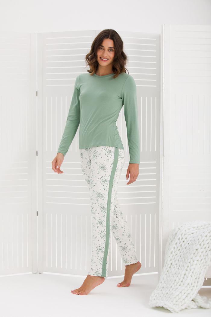 PIJAMA FEMININO MANGA LONGA VERDE CALÇA FLORAL COM RECORTE