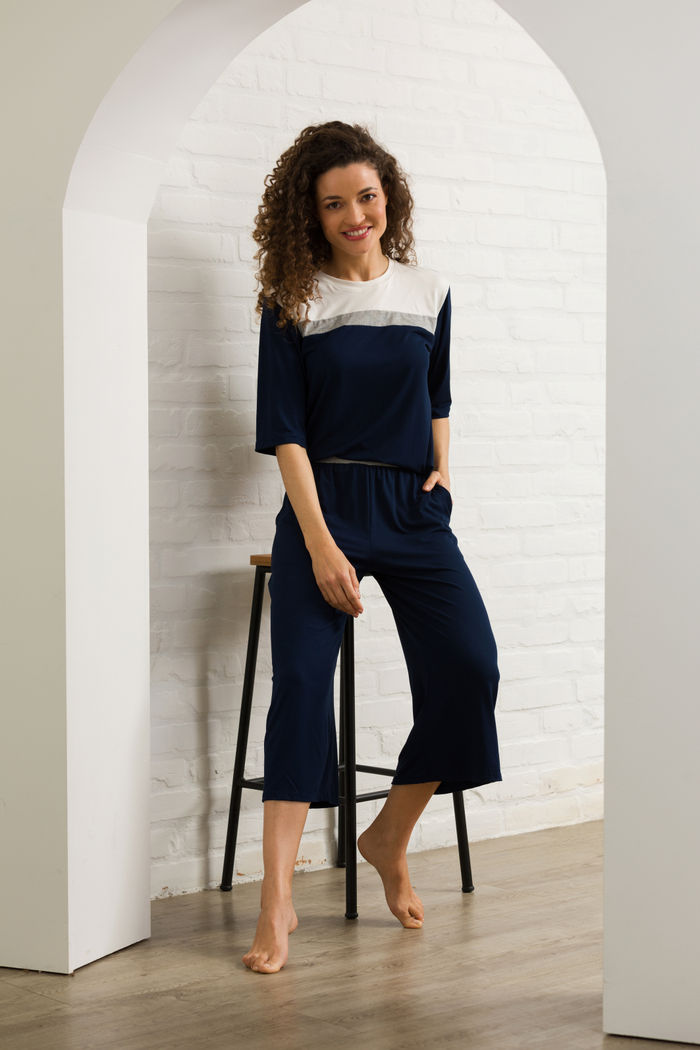 CONJUNTO FEMININO MEIA MANGA E PANTACOURT BASIC MARINHO