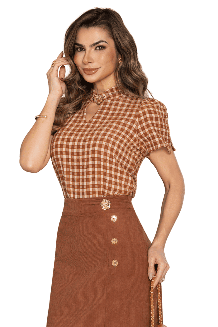BLUSA VISCO XADREZ AVELUDADO COM FIVELA EM FLOR - 05849