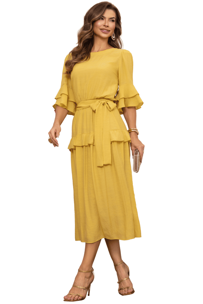 VESTIDO CREPE TEXTURIZADO COM LASTEX NA CINTURA - 14303