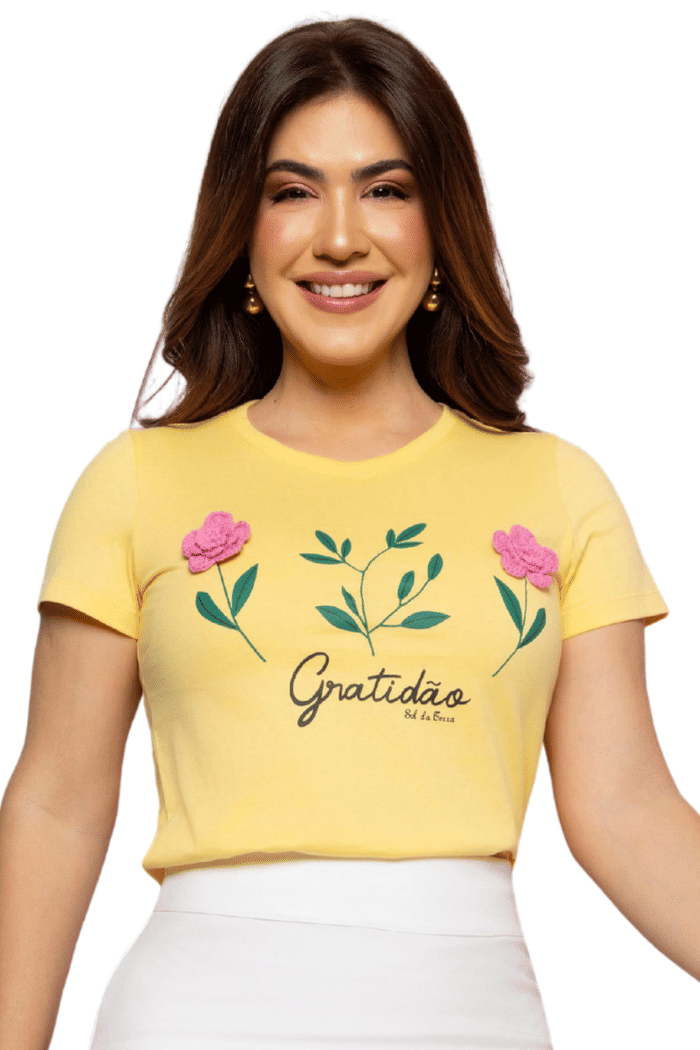 T-SHIRT 100% ALGODAO GRATIDAO COM FLOR EM CROCHE - 05666