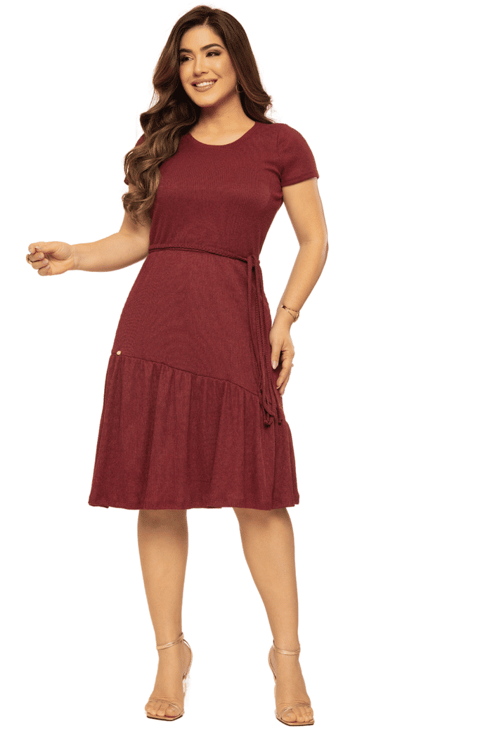 VESTIDO CANELADO COM ASSIMETRIA E FAIXA - 14156