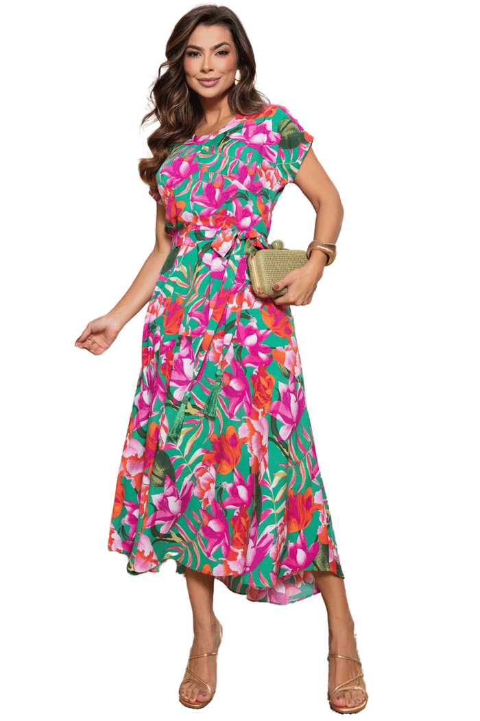 VESTIDO RAYON ESTAMPADO COM RECORTES E FAIXA - 14190