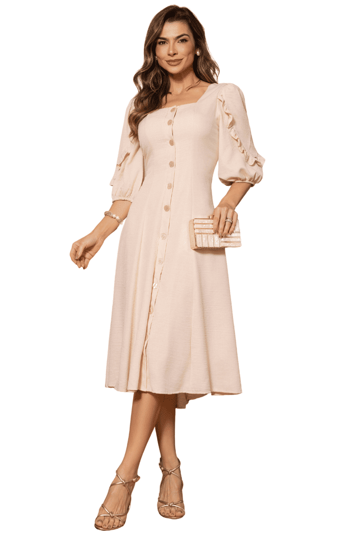 VESTIDO LINEN FRESH COM BOTOES E APLICACAO EM GRIPIR NAS COSTAS - 14466