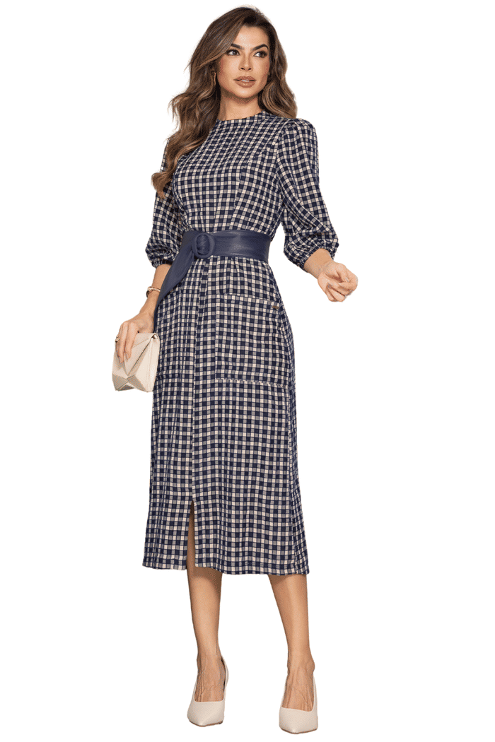 VESTIDO VISCO XADREZ AVELUDADO COM CINTO EM COURO - 14477