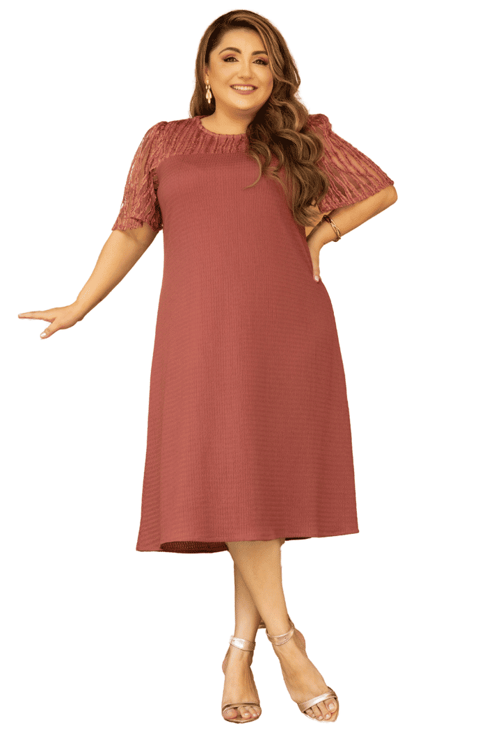 VESTIDO PLUS MALHA TEXTURIZADA COM DETALHES EM TULE COM FIO LUREX - 14447