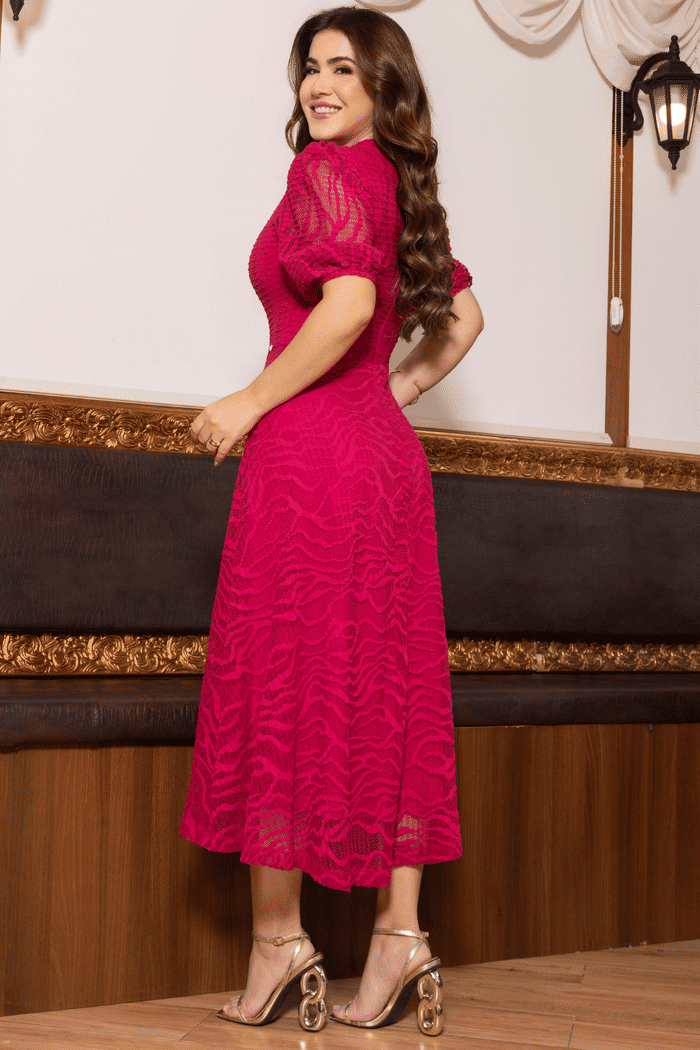VESTIDO RENDA PLISSE COM MANGA 3/4 - 14529