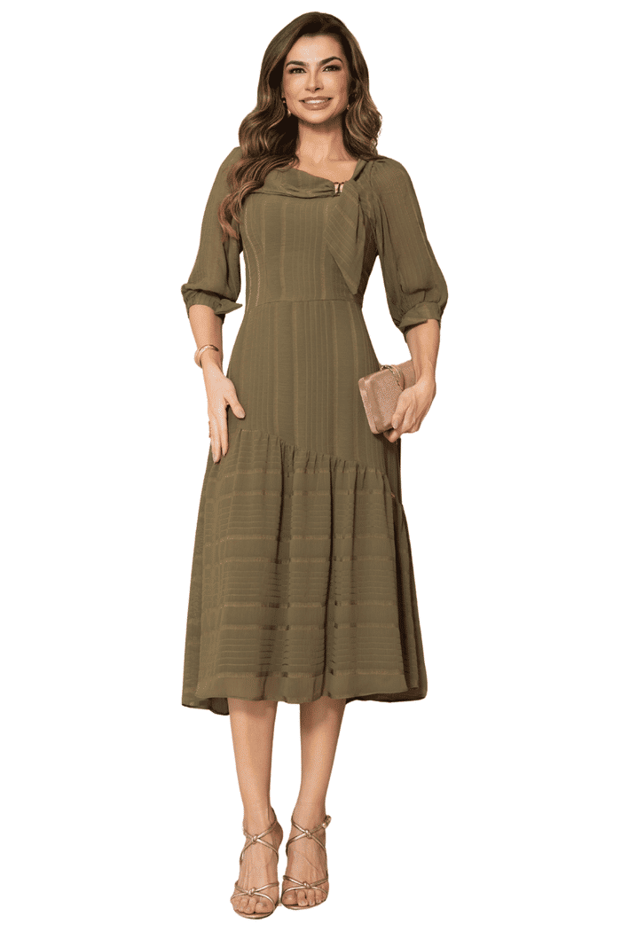 VESTIDO CREPE TEXTURIZADO COM ASSIMETRIA E SOBREPOSIÇÃO - 14509