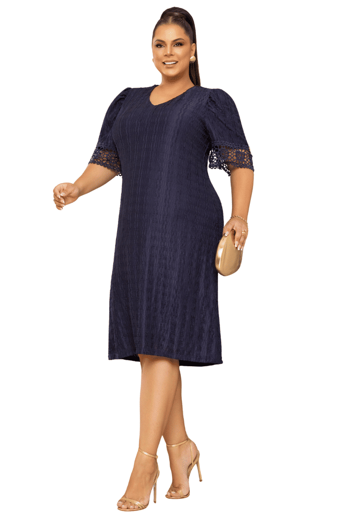 VESTIDO PLUS MALHA CREPE TEXTURIZADA COM GRIPIR NAS MANGAS - 14431