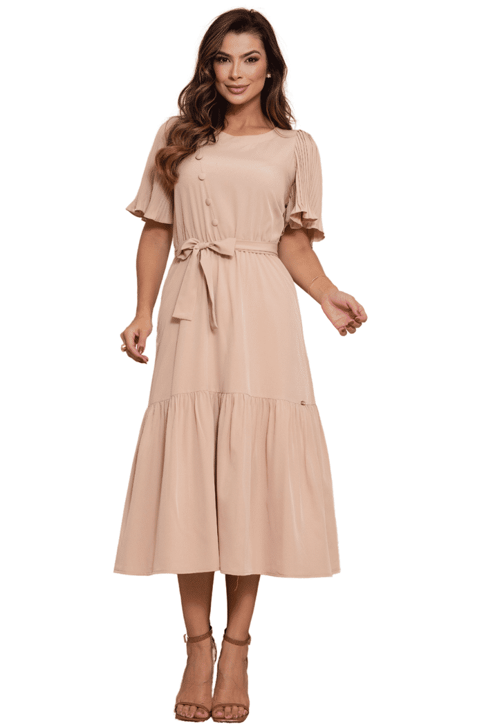 VESTIDO CREPINHO COM MANGAS PLISSADAS E BOTOES - 14163