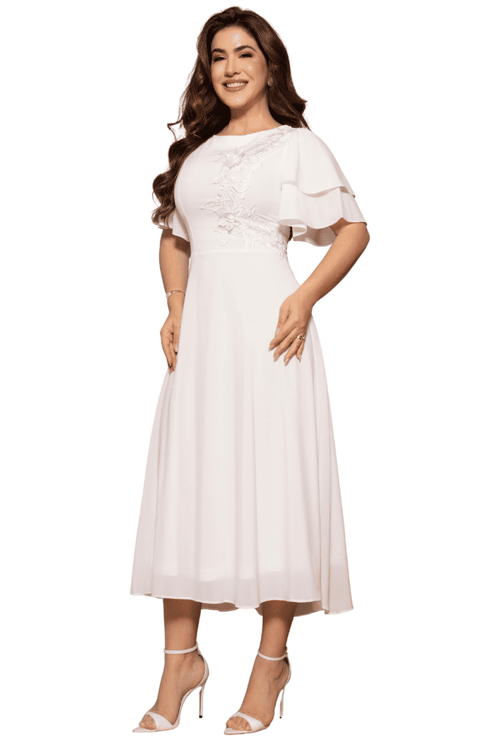 VESTIDO CREPE COM BABADOS NA MANGA E APLICACAO EM GRIPIR - 14491