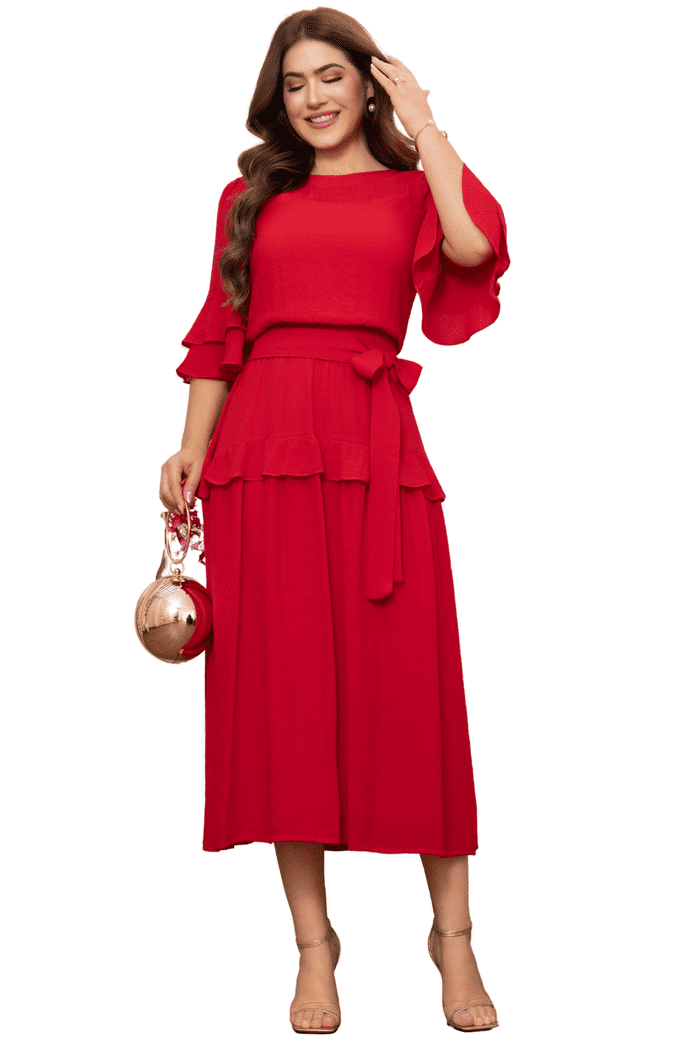 VESTIDO CREPE TEXTURIZADO COM LASTEX NA CINTURA - 14303