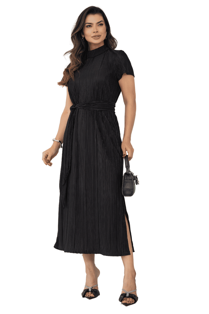 VESTIDO MALHA PLISSADA COM FAIXA - 13921