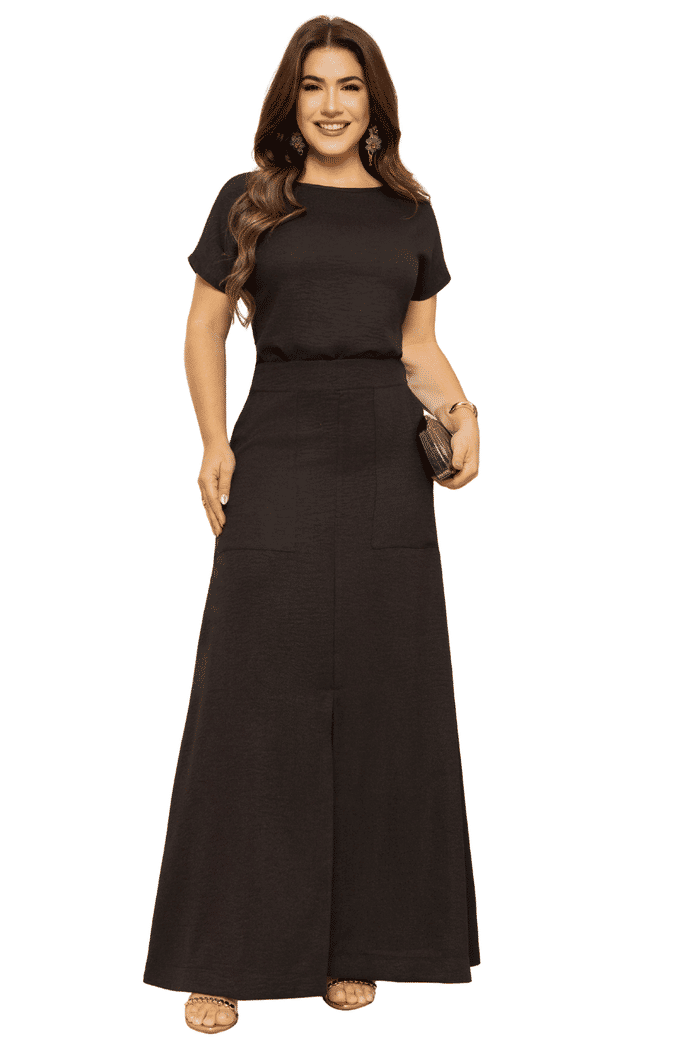 CONJUNTO LINEN MICONOS BLUSA RAGLAN E SAIA COM ABERTURA FRONTAL - 04649