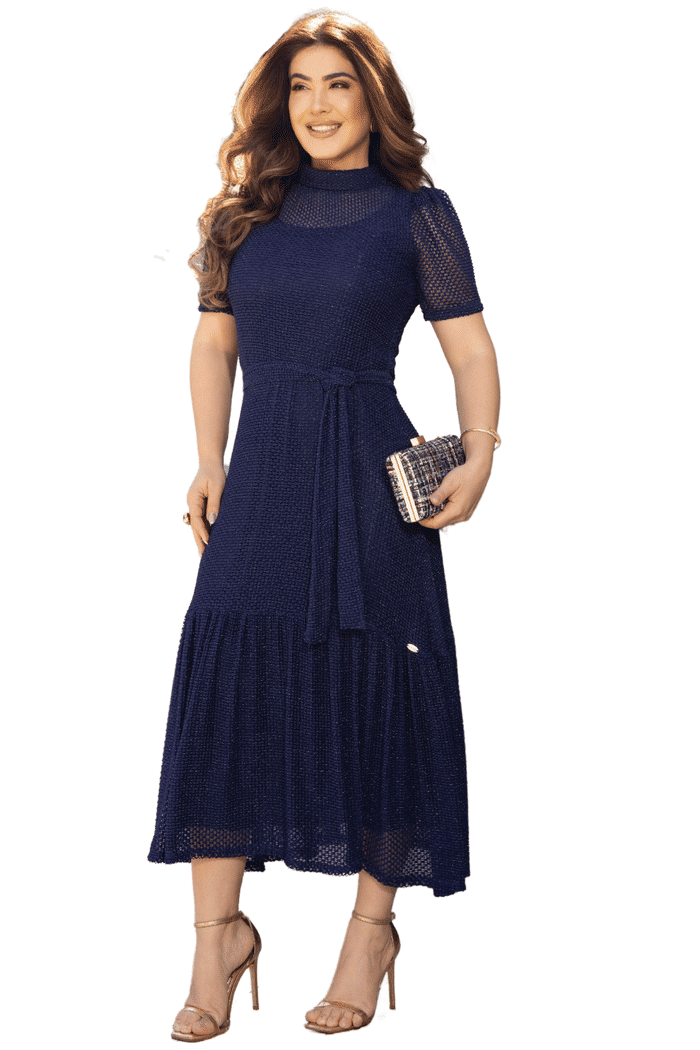 VESTIDO TELA GOLA ALTA COM BABADO E FAIXA - 14192