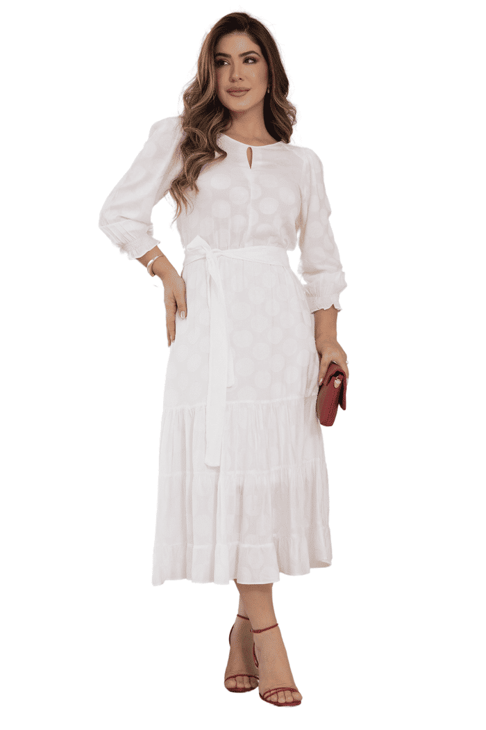 VESTIDO VISCOSE TEXTURIZADO COM MARIAS NA SAIA - 13998