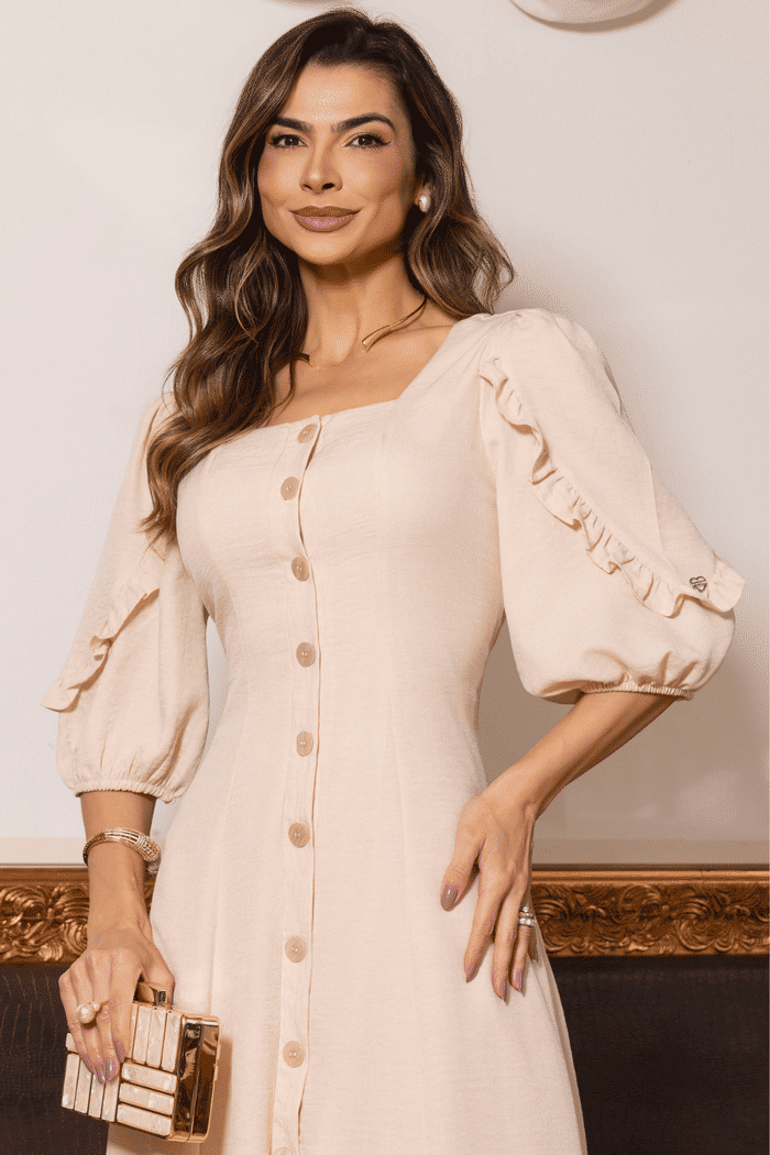 VESTIDO LINEN FRESH COM BOTOES E APLICACAO EM GRIPIR NAS COSTAS - 14466