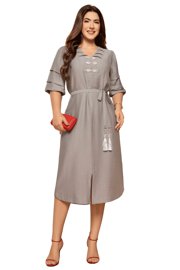 VESTIDO LINEN CREPE COM ALAMARES E FAIXA - 14371