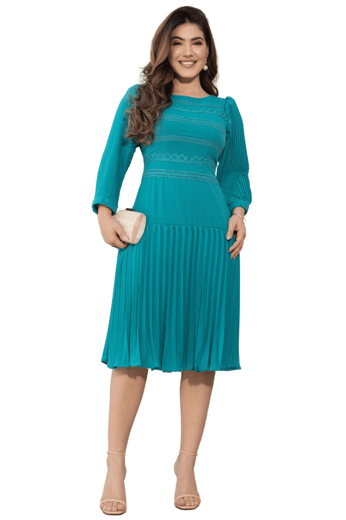 VESTIDO CREPE JULIA COM MANGAS E SAIA PLISSADA - 13869