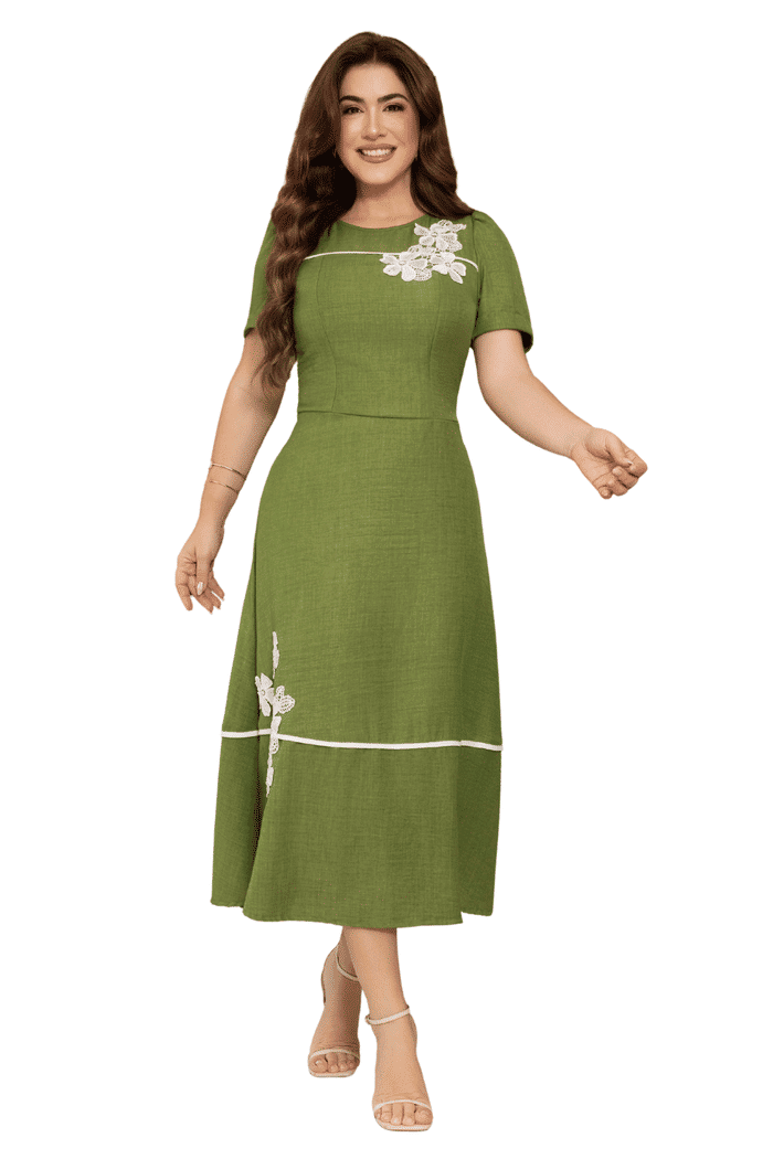 VESTIDO CREPE TEXTURIZADO COM VIVO E APLICAÇÃO DE FLOR - 14470