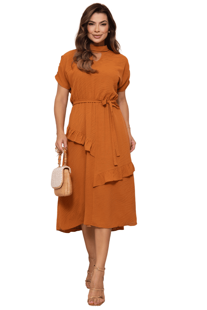 VESTIDO CREPE DEVORE TIGER COM BABADOS E FAIXA - 14218