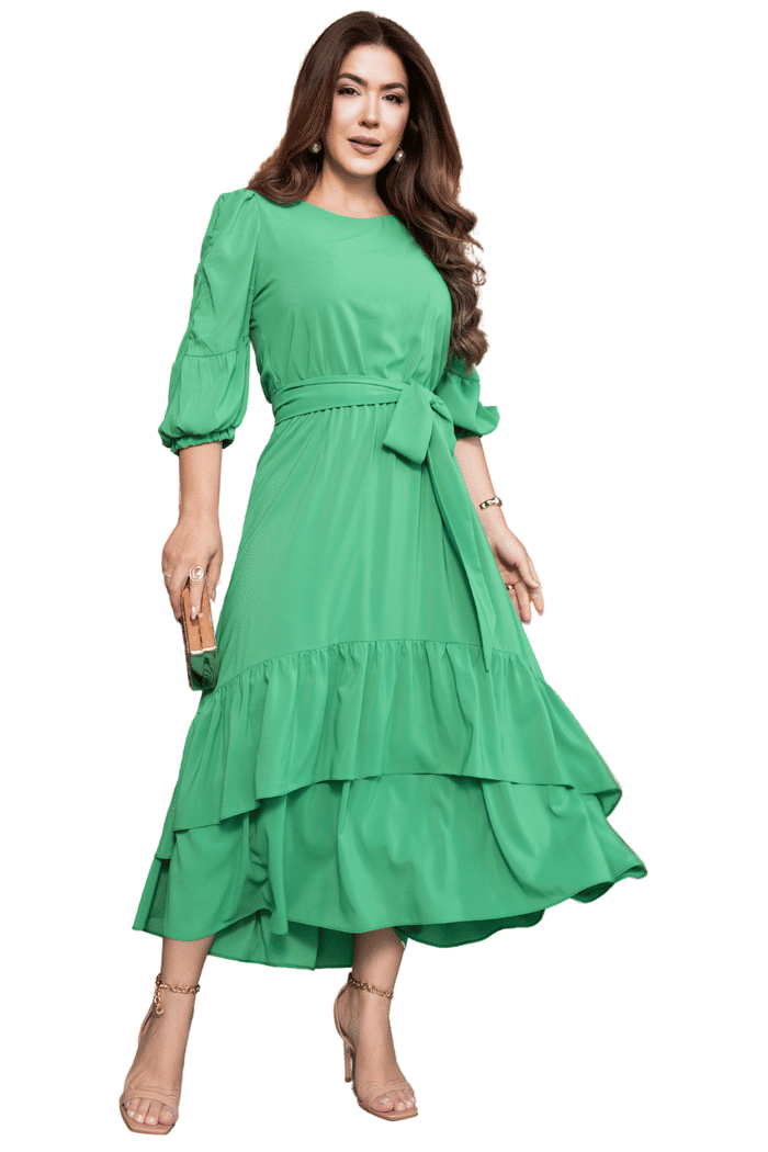 VESTIDO MUSSELINE MID COM DRAPEADO NAS MANGAS - 14240