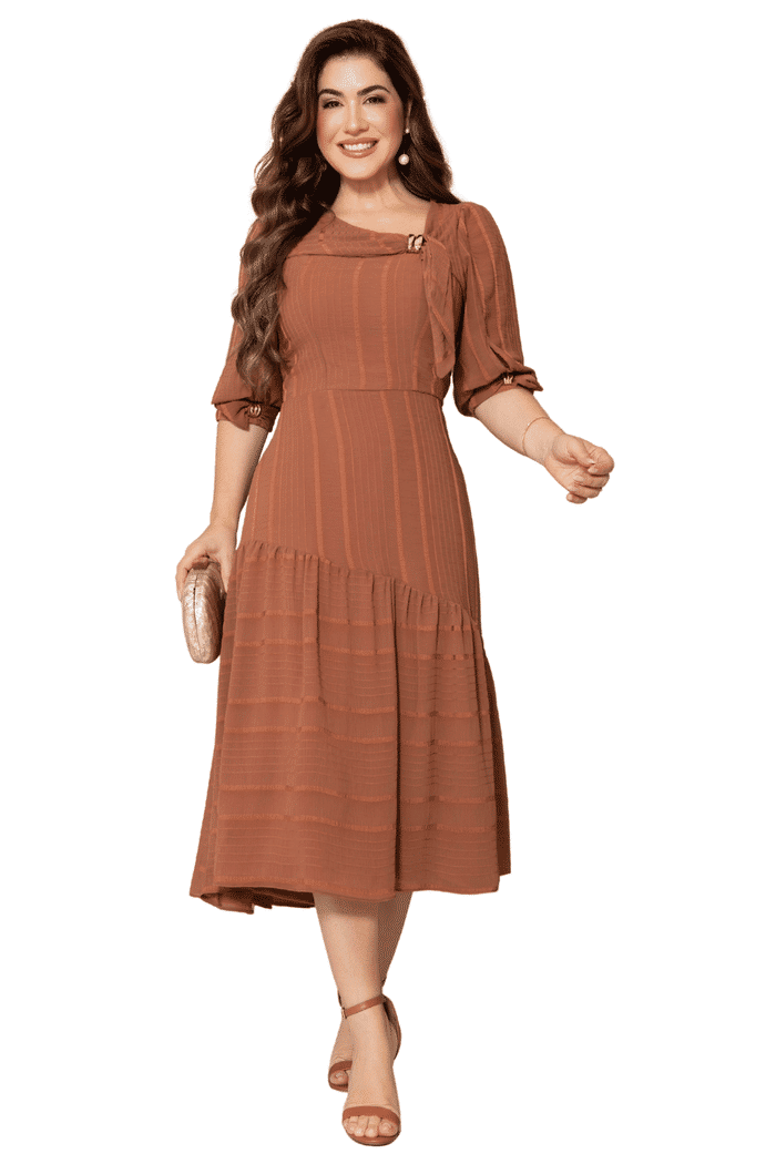 VESTIDO CREPE TEXTURIZADO COM ASSIMETRIA E SOBREPOSIÇÃO - 14509