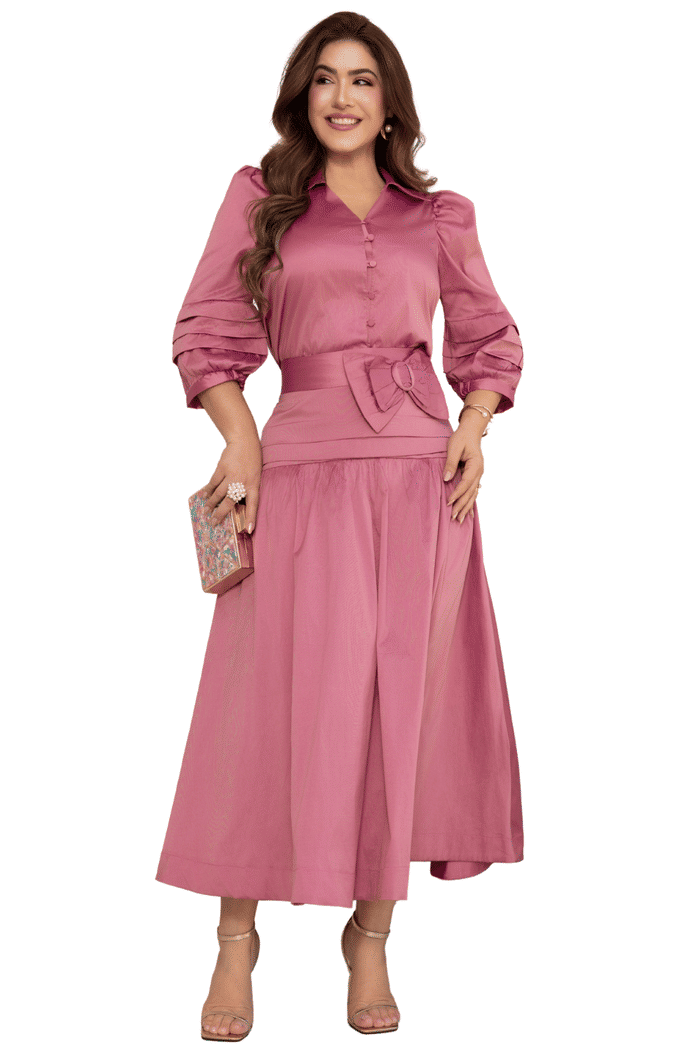 CONJUNTO TAFETA BLUSA COM GOLA E BOTOES E SAIA COM LAÇO - 04627