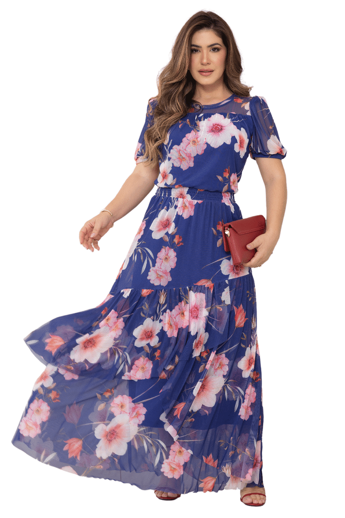 VESTIDO LONGO TULE ESTAMPADO COM BABADO NA SAIA - 13956