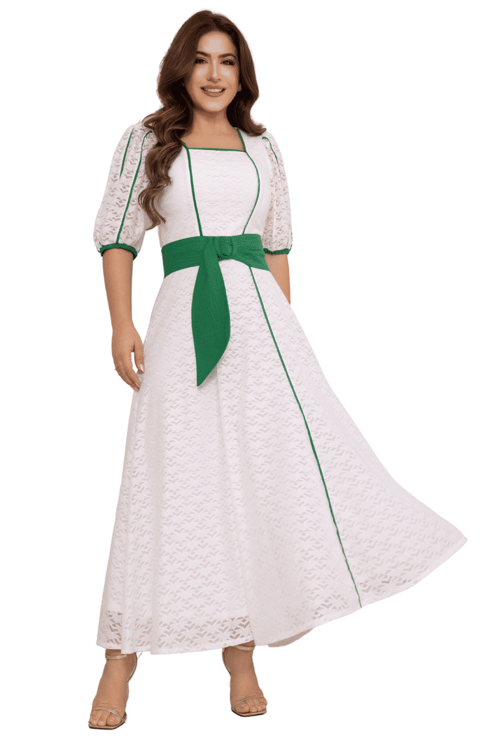 VESTIDO MAX MIDI RENDA COM FAIXA E VIVO COLORIDO - 14462