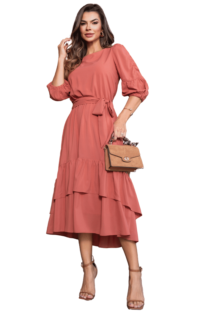 VESTIDO MUSSELINE MID COM DRAPEADO NAS MANGAS - 14240